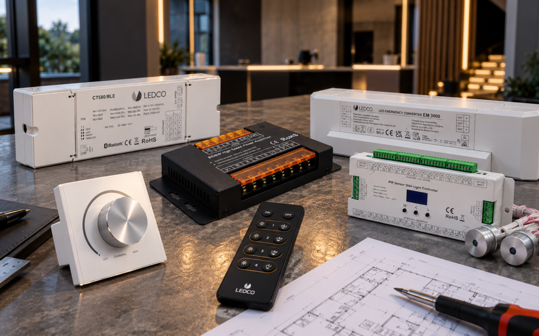 Accessori per impianti LED professionali: trasformatori, dimmer, controller e kit emergenza LEDCO per una gestione completa